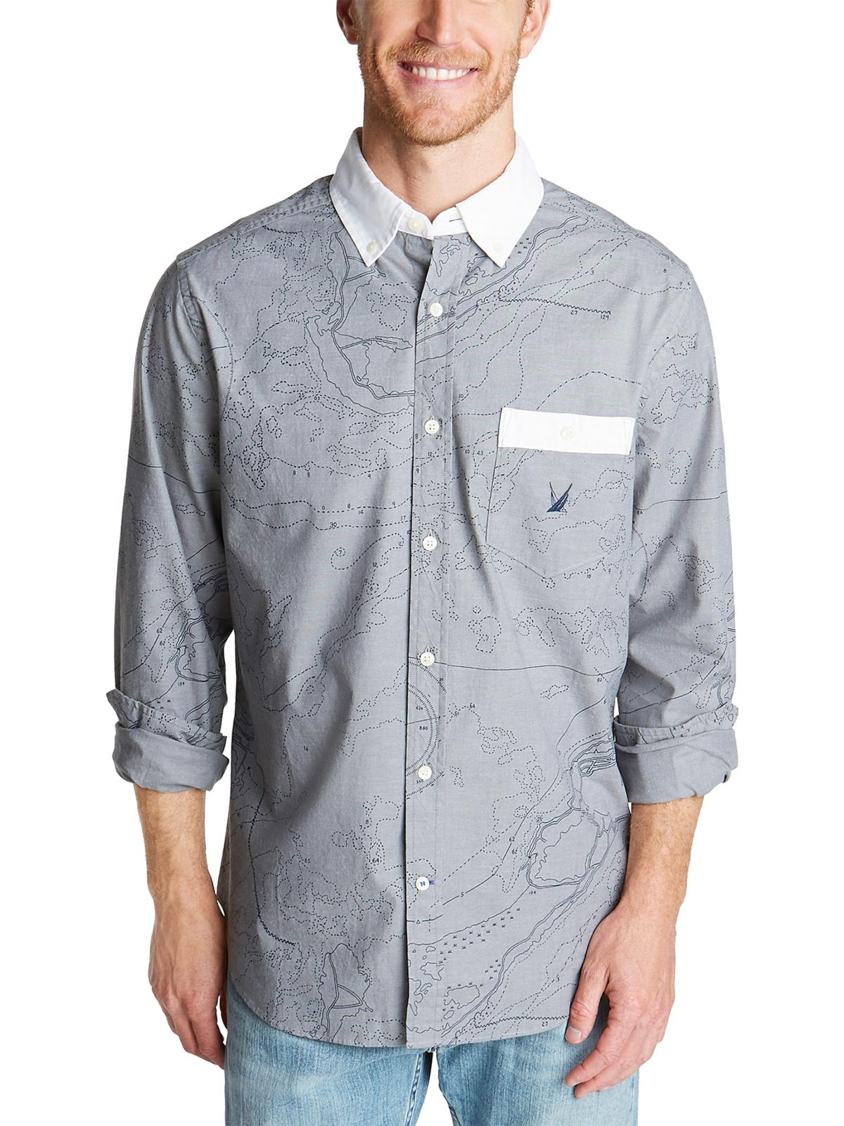 Camisa casual masculina com estampa de mapa Oxford Nautica, cinza, tamanho grande