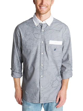 Camisa casual masculina com estampa de mapa Oxford Nautica, cinza, tamanho grande