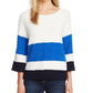Suéter feminino Vince Camuto com gola redonda e listras coloridas, azul, tamanho pequeno
