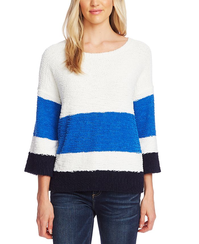 Suéter feminino Vince Camuto com gola redonda e listras coloridas, azul, tamanho pequeno