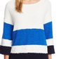 Suéter feminino Vince Camuto com gola redonda e listras coloridas, azul, tamanho pequeno