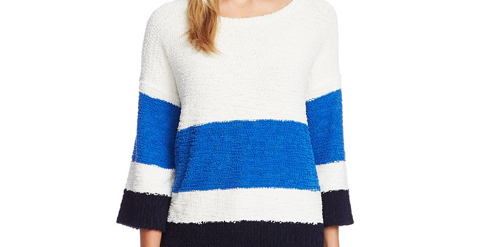 Suéter feminino Vince Camuto com gola redonda e listras coloridas, azul, tamanho pequeno
