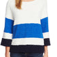 Suéter feminino Vince Camuto com gola redonda e listras coloridas, azul, tamanho pequeno