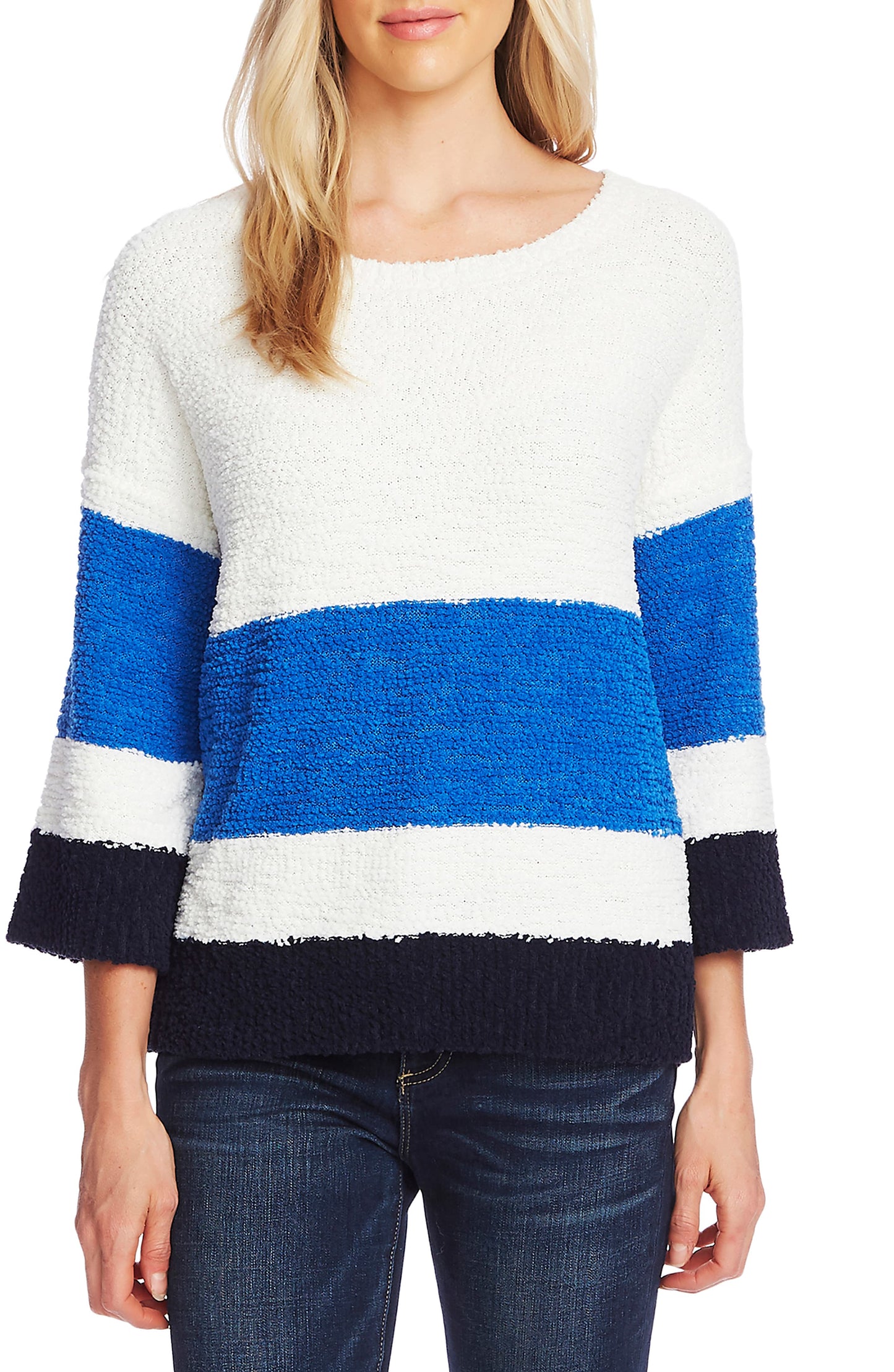 Suéter feminino Vince Camuto com gola redonda e listras coloridas, azul, tamanho pequeno