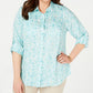 Blusa de linho feminina Charter Club Plus com estampa frontal de botões e mangas dobradas, tamanho 4X