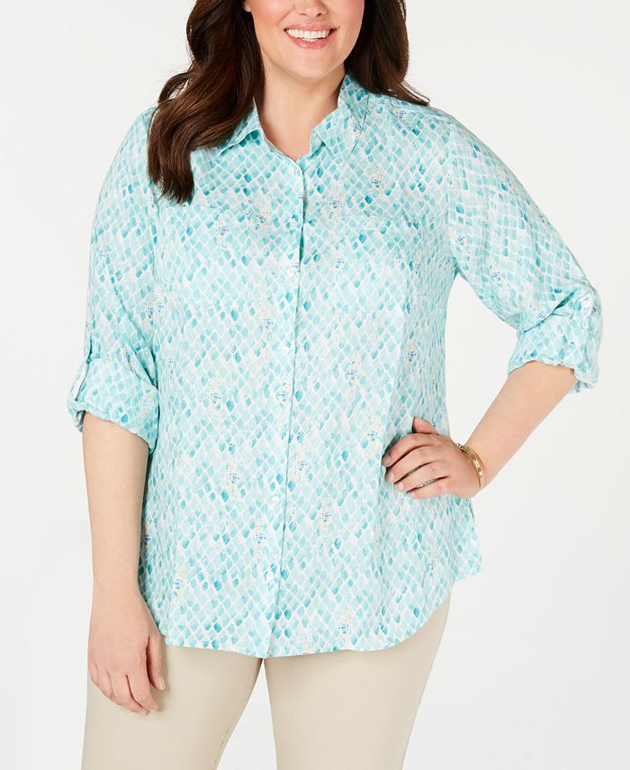 Blusa de linho feminina Charter Club Plus com estampa frontal de botões e mangas dobradas, tamanho 4X