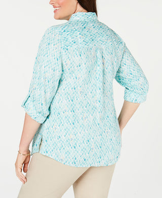 Blusa de linho feminina Charter Club Plus com estampa frontal de botões e mangas dobradas, tamanho 4X