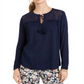 Charter Club Blusa de linho feminina com ilhós e borlas, tamanho pequeno, azul