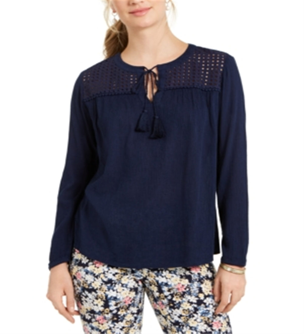 Charter Club Blusa de linho feminina com ilhós e borlas, tamanho pequeno, azul