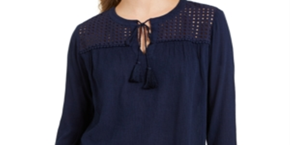 Charter Club Blusa de linho feminina com ilhós e borlas, tamanho pequeno, azul