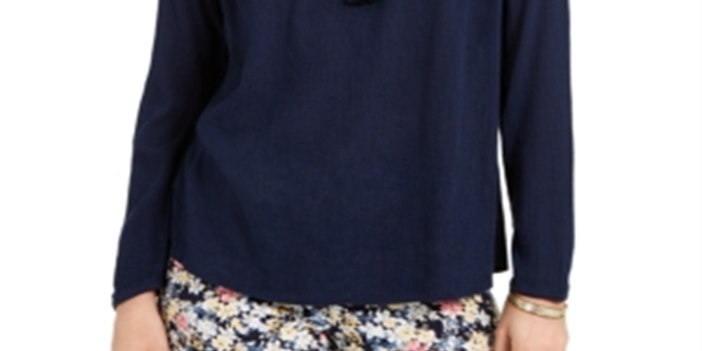 Charter Club Blusa de linho feminina com ilhós e borlas, tamanho pequeno, azul
