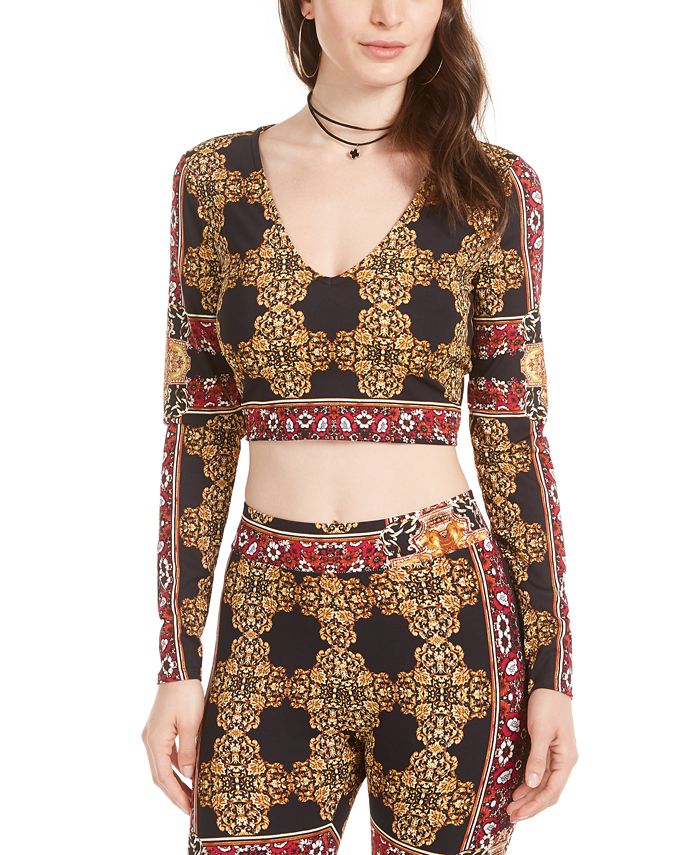 Guss Top curto feminino, manga comprida, decote em V, preto, tamanho grande