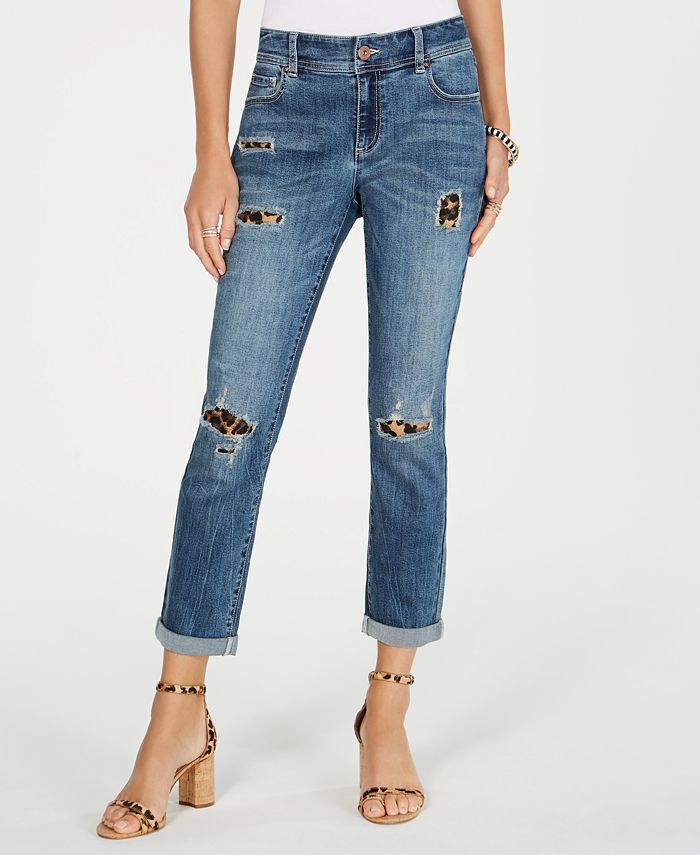 Calça jeans feminina estilo boyfriend, estampa animal destruída, tamanho 0, azul, da INC International Concepts