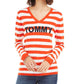 Suéter feminino Tommy Hilfiger com logo listrado e gola V, laranja, tamanho médio