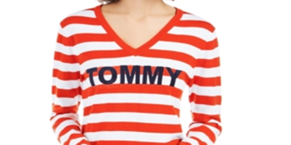 Suéter feminino Tommy Hilfiger com logo listrado e gola V, laranja, tamanho médio