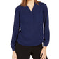 Blusa feminina Nine West de manga comprida com 2 bolsos e decote em V, azul, tamanho grande