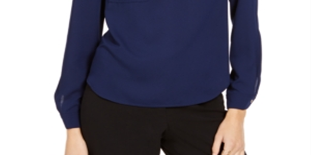 Blusa feminina Nine West de manga comprida com 2 bolsos e decote em V, azul, tamanho grande