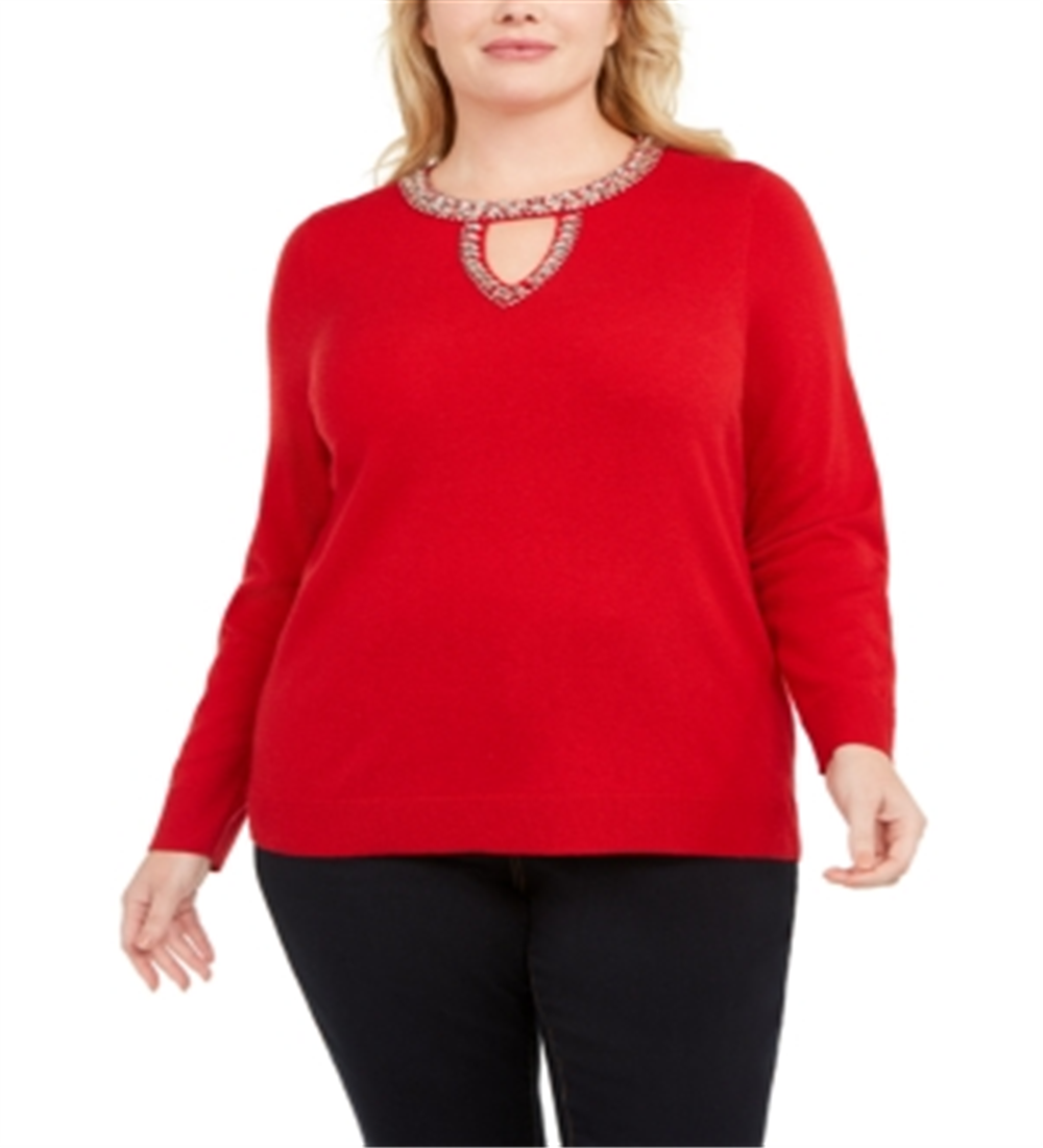 Suéter feminino com decote em V e botões da INC International Concepts, tamanho 1X, vermelho