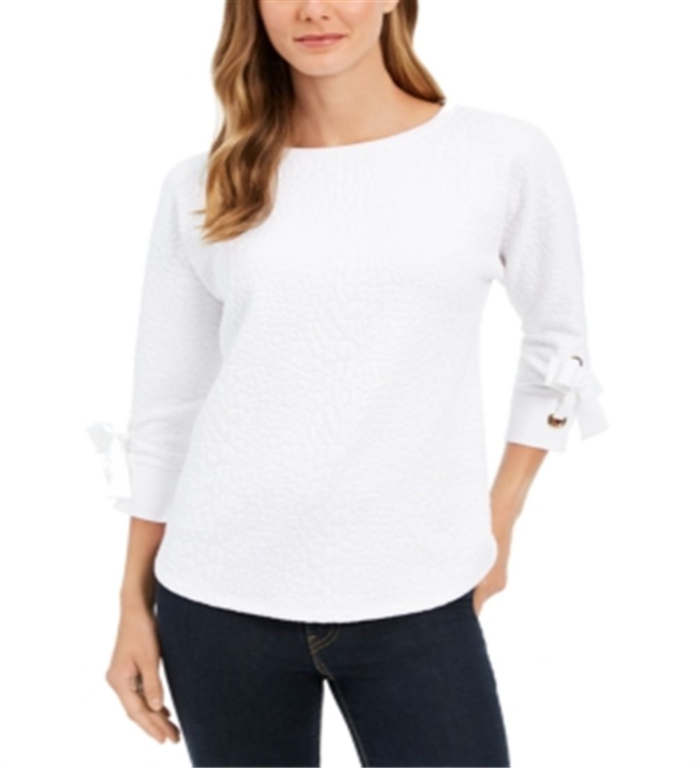 Charter Club Top Feminino Jacquard com Punho e Laço Branco Tamanho Pequeno