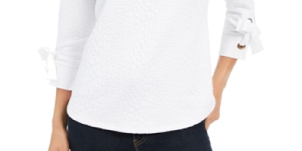 Charter Club Top Feminino Jacquard com Punho e Laço Branco Tamanho Pequeno