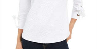 Charter Club Top Feminino Jacquard com Punho e Laço Branco Tamanho Pequeno