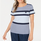 Karen Scott Sport Danielle Listrado Gola Redonda Top Feminino Azul Tamanho Médio