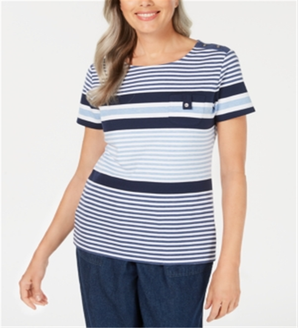 Karen Scott Sport Danielle Listrado Gola Redonda Top Feminino Azul Tamanho Médio