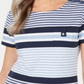 Karen Scott Sport Danielle Listrado Gola Redonda Top Feminino Azul Tamanho Médio