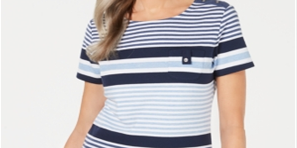 Karen Scott Sport Danielle Listrado Gola Redonda Top Feminino Azul Tamanho Médio
