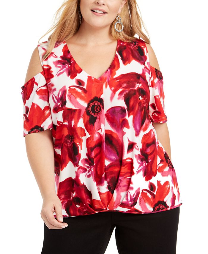 Blusa feminina estampada com ombros descobertos, INC International Concepts, branca, tamanho 1X