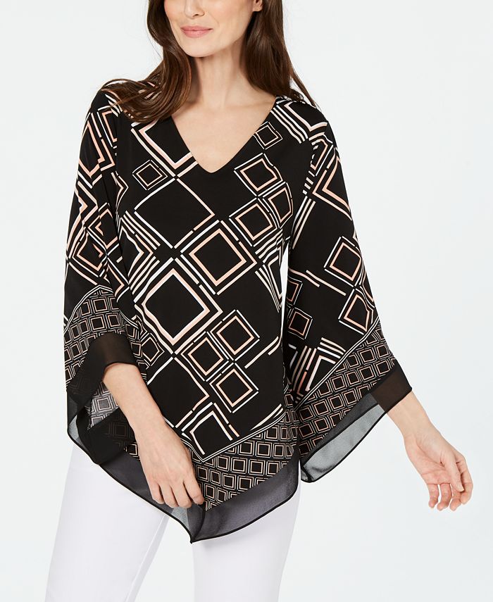 Blusa feminina Alfani com estampa mista e bainha em V, estampa de diamantes, preta, tamanho pequeno