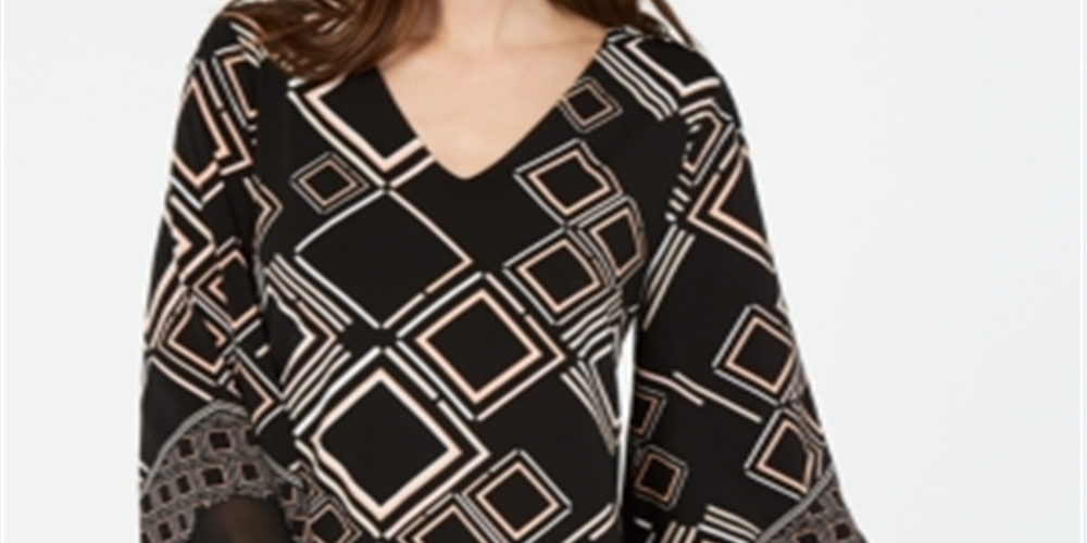 Blusa feminina Alfani com estampa mista e bainha em V, estampa de diamantes, preta, tamanho pequeno