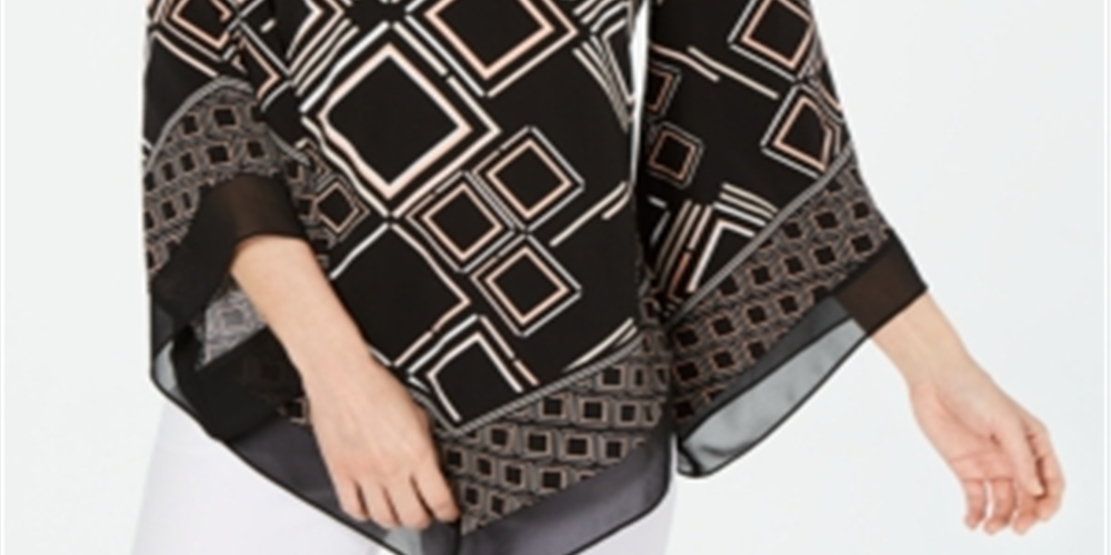 Blusa feminina Alfani com estampa mista e bainha em V, estampa de diamantes, preta, tamanho pequeno