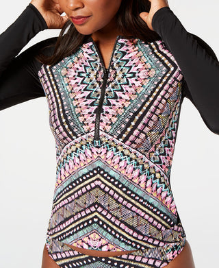 Vestido Rash Guard estampado de manga comprida Bar III feminino, preto, tamanho P