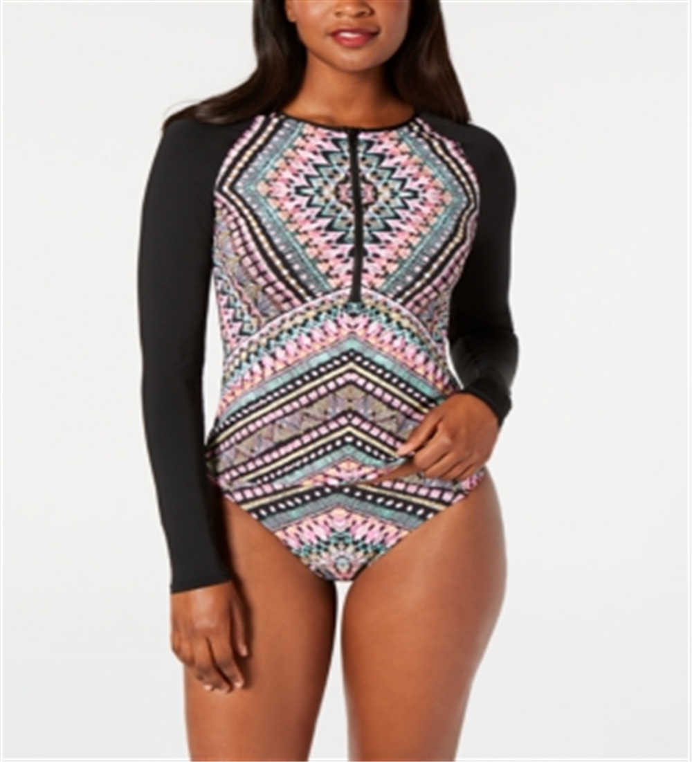 Vestido Rash Guard estampado de manga comprida Bar III feminino, preto, tamanho P
