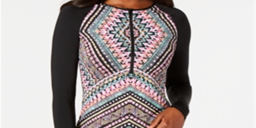 Vestido Rash Guard estampado de manga comprida Bar III feminino, preto, tamanho P