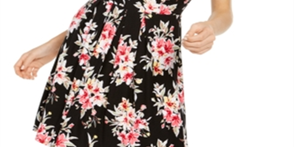 Vestido floral Planet Gold Junior Fit &amp; Flare Preto Tamanho P