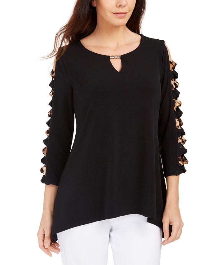 JM Collection Blusa de malha feminina com bainha em lenço e manga escada, preta, tamanho pequeno