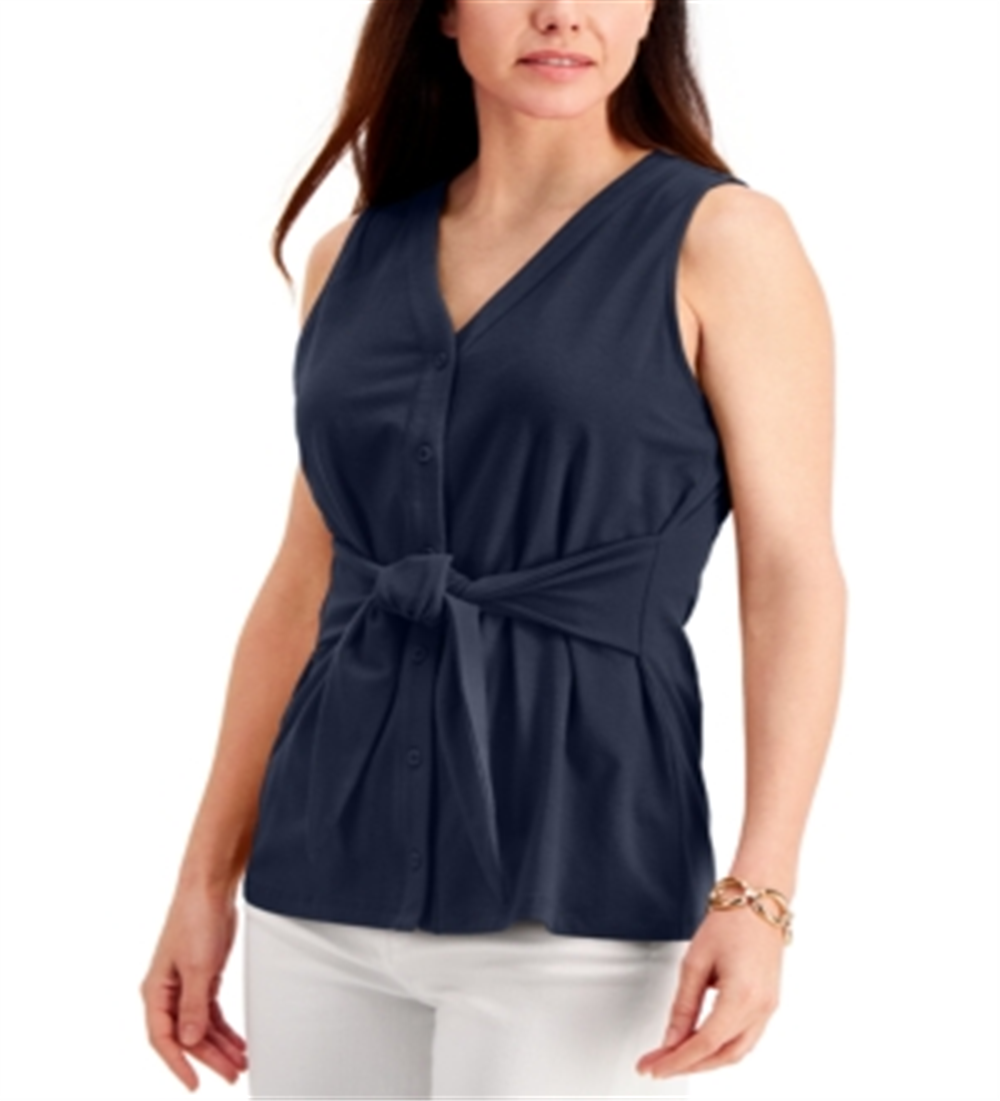 Blusa feminina sem mangas com amarração frontal Charter Club, azul, tamanho extragrande