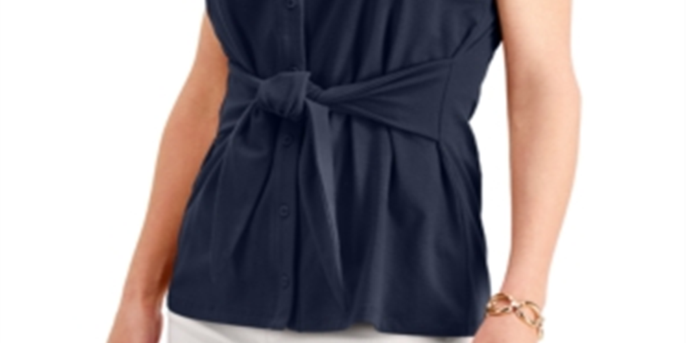 Blusa feminina sem mangas com amarração frontal Charter Club, azul, tamanho extragrande