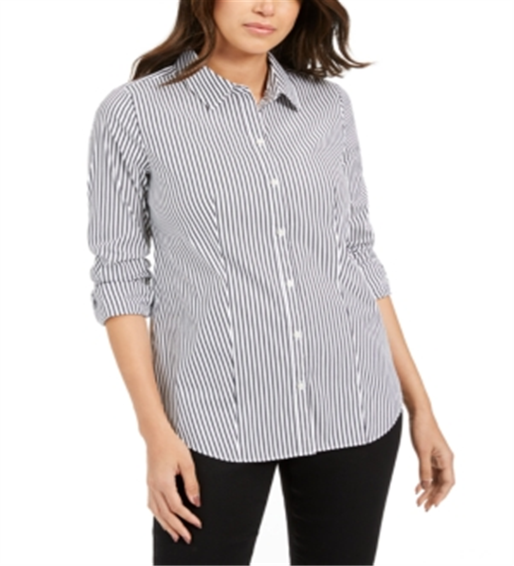 Blusa feminina listrada com punho e gola, abotoada, para usar no trabalho, preta, tamanho 4