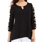 JM Collection Blusa de malha feminina com bainha de lenço e manga escada, preta, tamanho X-S