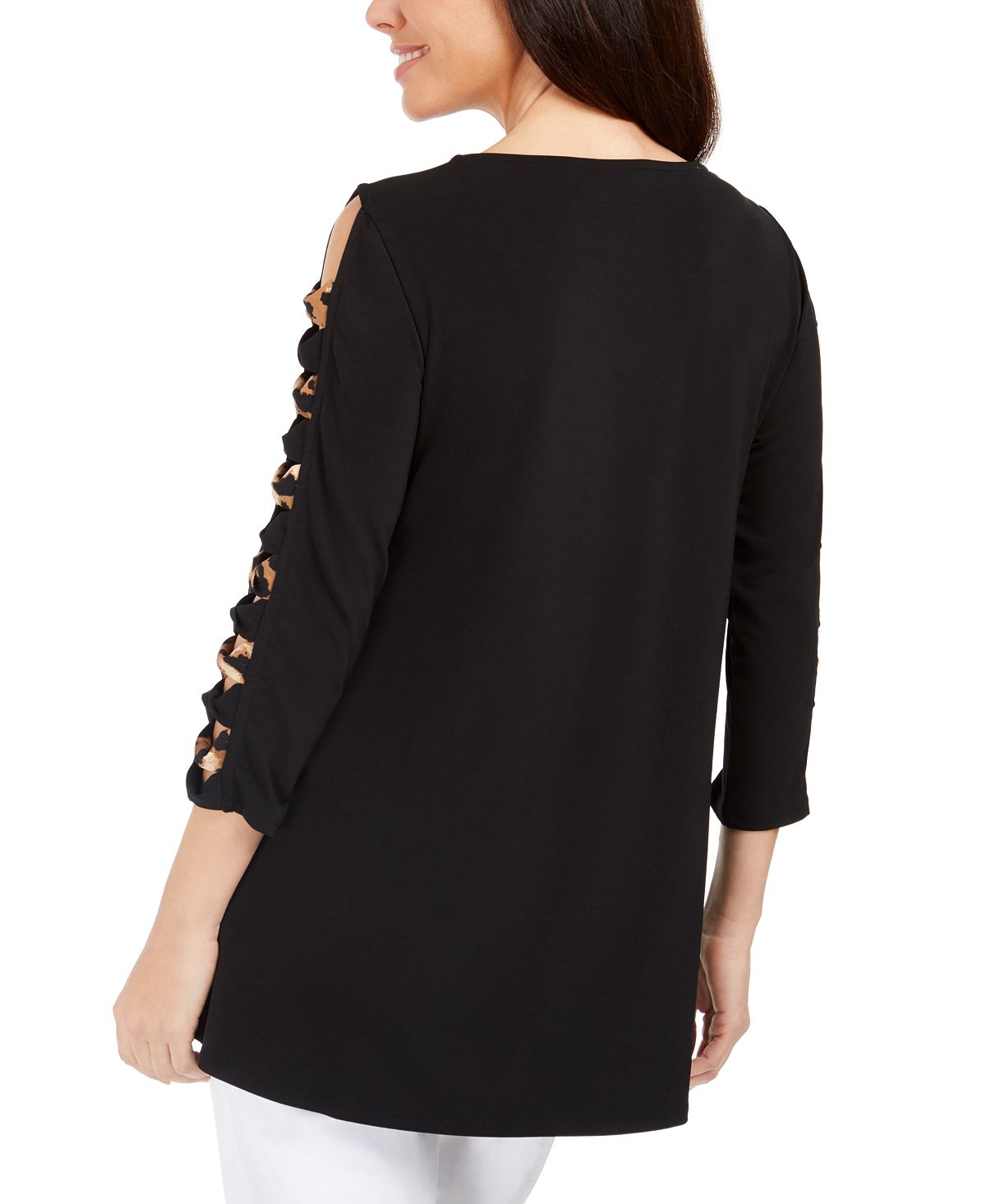 JM Collection Blusa de malha feminina com bainha de lenço e manga escada, preta, tamanho X-S