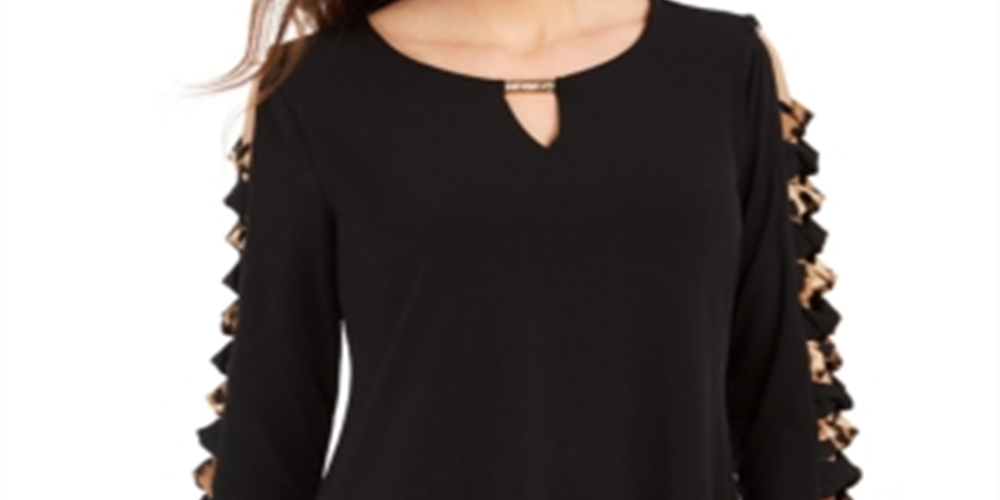 JM Collection Blusa de malha feminina com bainha de lenço e manga escada, preta, tamanho X-S