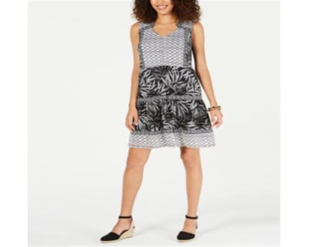 Vestido feminino estilo camponês sem mangas com estampa mista, preto, tamanho pequeno