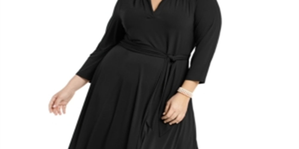 Vestido feminino plus size com decote em V e cinto, preto, tamanho 0X