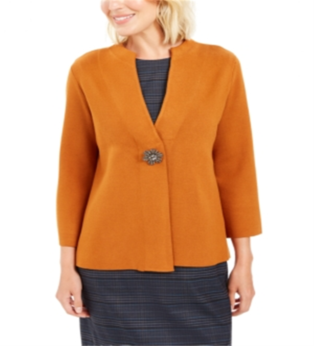 Cardigan feminino JM Collection com broche para festa de fim de ano, marrom, tamanho médio