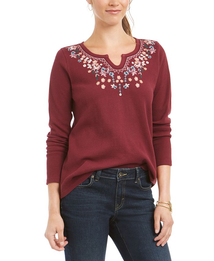 Blusa térmica feminina de algodão com decote dividido e bordado Style &amp; Co, marrom, tamanho XX-G