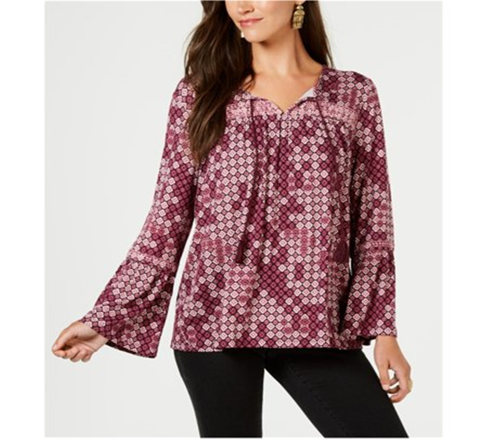 Blusa feminina estilo camponesa com borlas, roxa, tamanho pequeno, extragrande