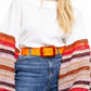 Blusa feminina listrada com manga sino e gola joia, tamanho X-S